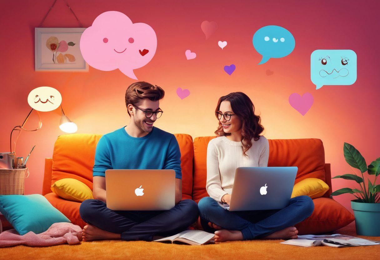 A whimsical and flirtatious digital illustration featuring a couple in a cozy online chat setting, surrounded by playful elements like hearts, emojis, and colorful speech bubbles. The couple is depicted engaging in fun and flirty banter on their laptops, with a warm and inviting atmosphere. Use bright colors and soft lighting to evoke a sense of excitement and connection. super-realistic. vibrant colors. digital art.