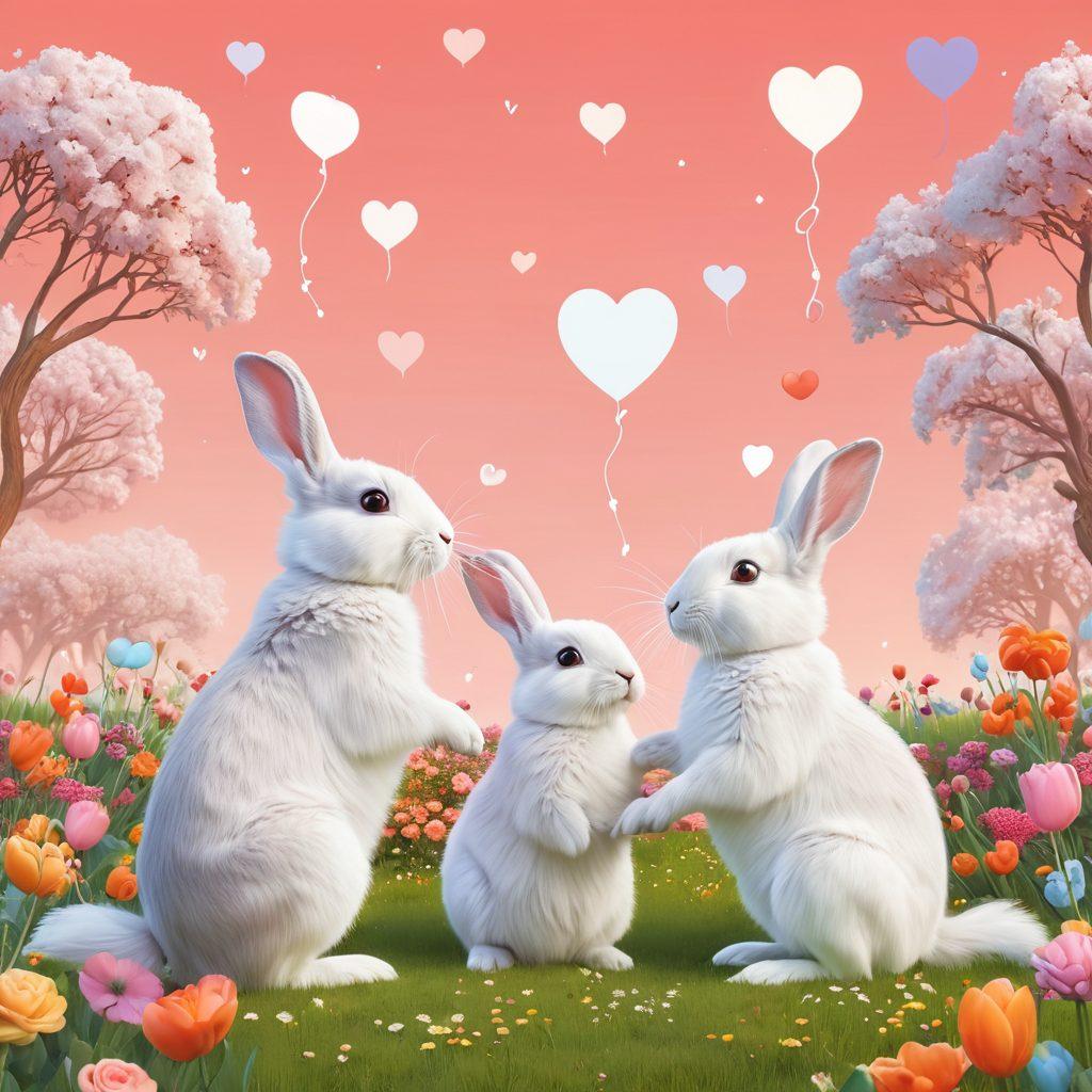 A whimsical and enchanting digital landscape featuring playful rabbits in romantic scenarios, surrounded by soft pastel colors and dreamy elements like floating hearts and flowers. The rabbits wear charming accessories that suggest flirtation, and the background features a vibrant virtual dating scene with hints of technology and fantasy. The atmosphere is light, playful, and alluring. vector art. vibrant colors. white background.