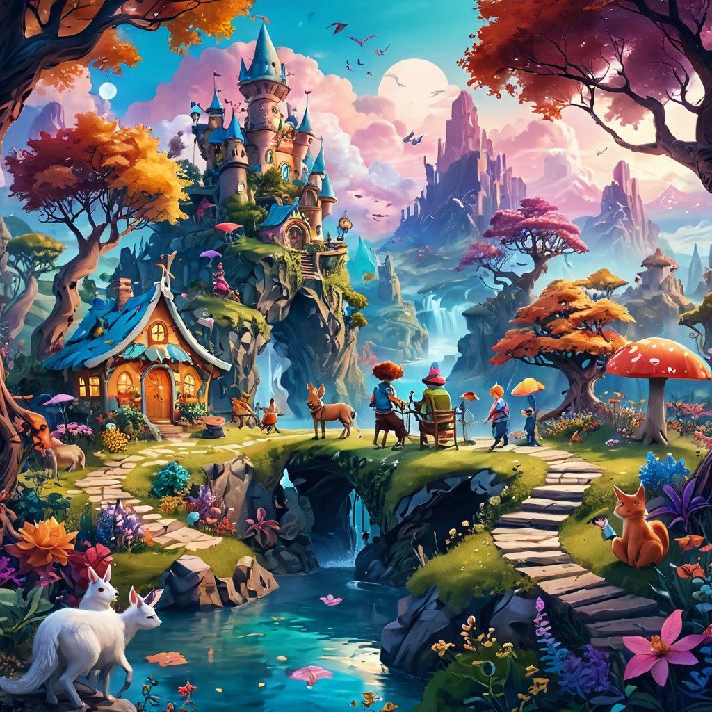 A whimsical scene depicting a virtual companionship experience, featuring a diverse group of characters engaged in playful and adventurous activities, surrounded by vibrant landscapes that symbolize kinks and fantasies. The characters should be depicted in a friendly, inviting manner, wearing colorful outfits and showcasing a range of expressions. Incorporate elements like fantasy creatures, playful props, and subtle hints of technology to represent the virtual aspect. Use a soft focus to create an enchanting atmosphere, mixing fantasy and reality. vibrant colors. whimsical art style.